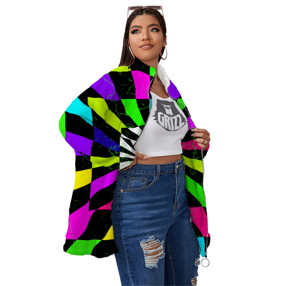 Optical Illusion Neon Abstract Print Women's Sherpa Jacket-grizzshop