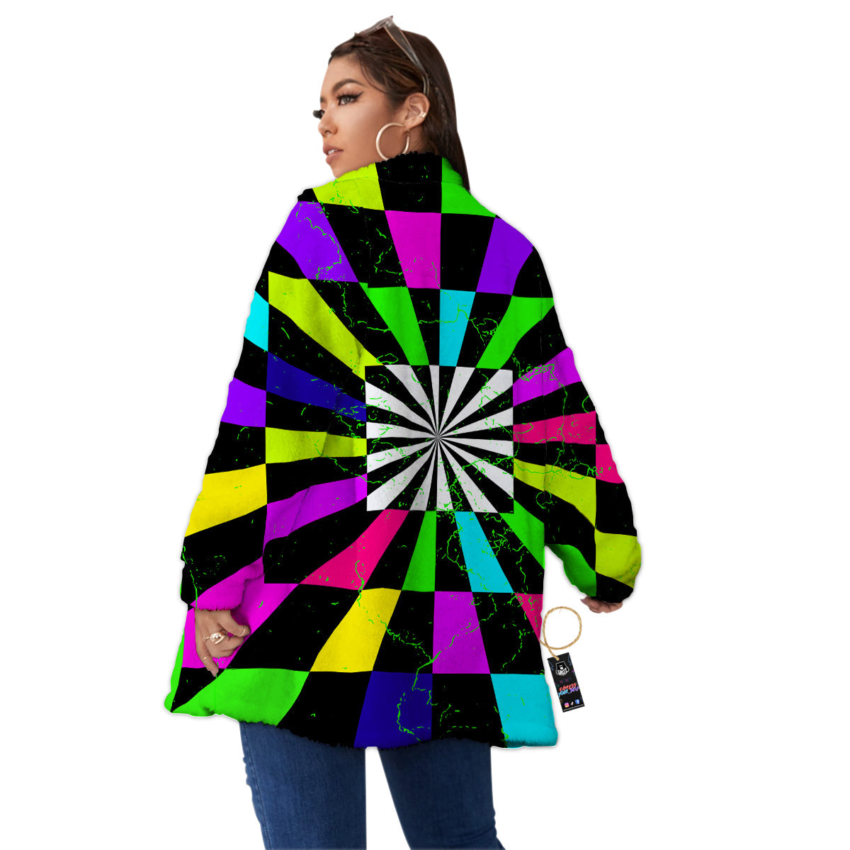 Optical Illusion Neon Abstract Print Women's Sherpa Jacket-grizzshop
