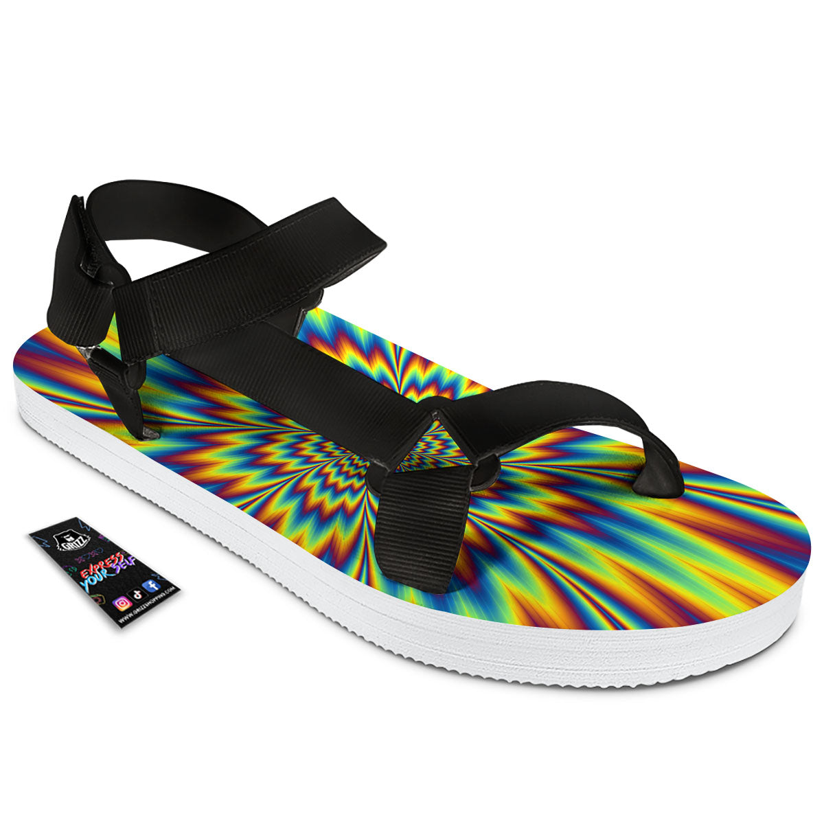 Optical Illusion Neon Psychedelic Black Open Toe Sandals-grizzshop