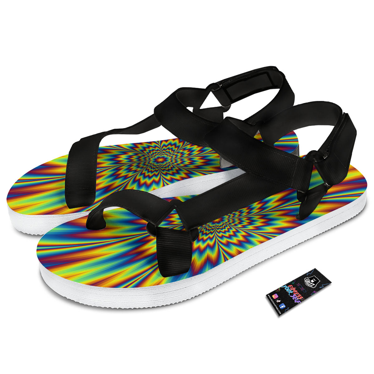 Optical Illusion Neon Psychedelic Black Open Toe Sandals-grizzshop