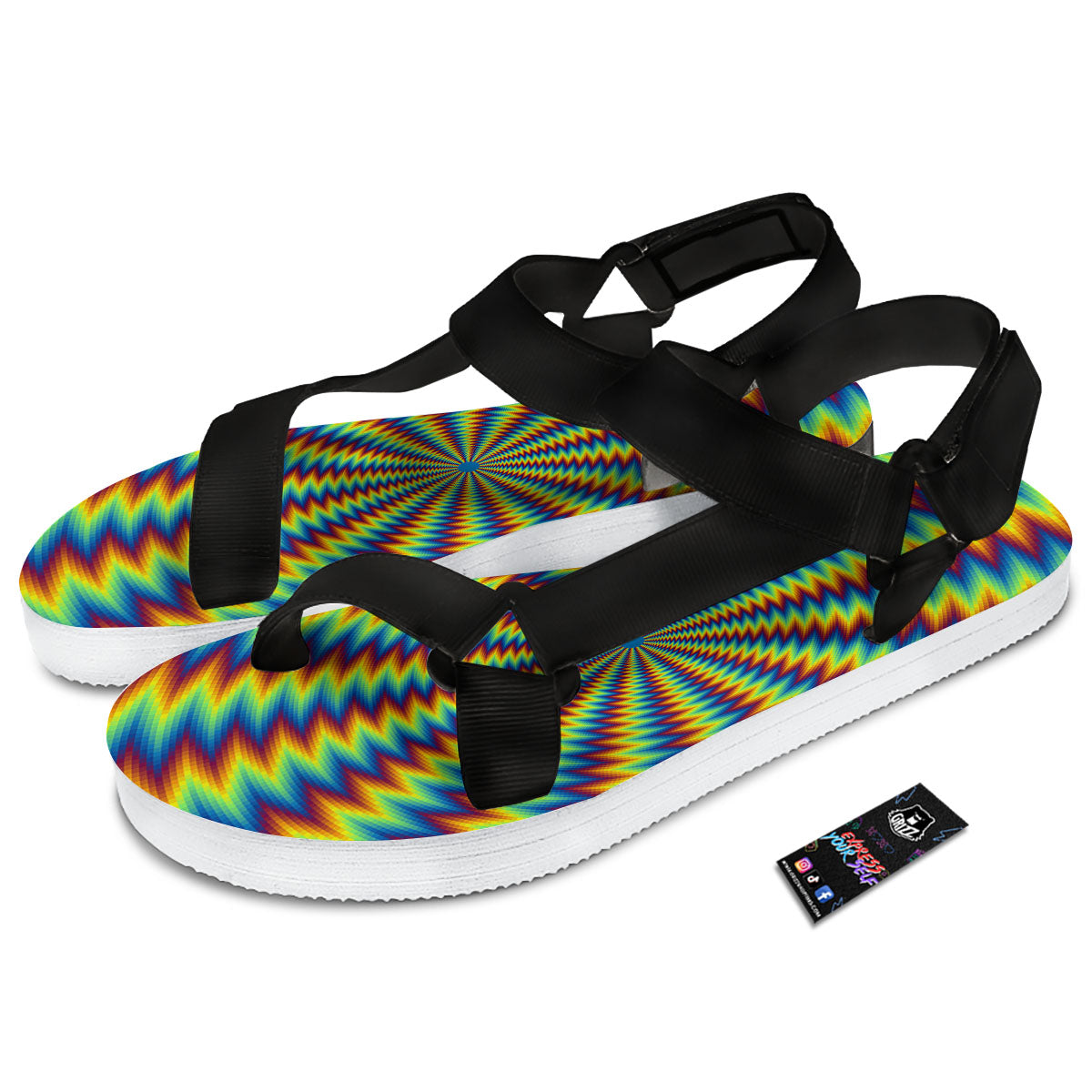 Optical Illusion Octagonal Psychedelic Black Open Toe Sandals-grizzshop