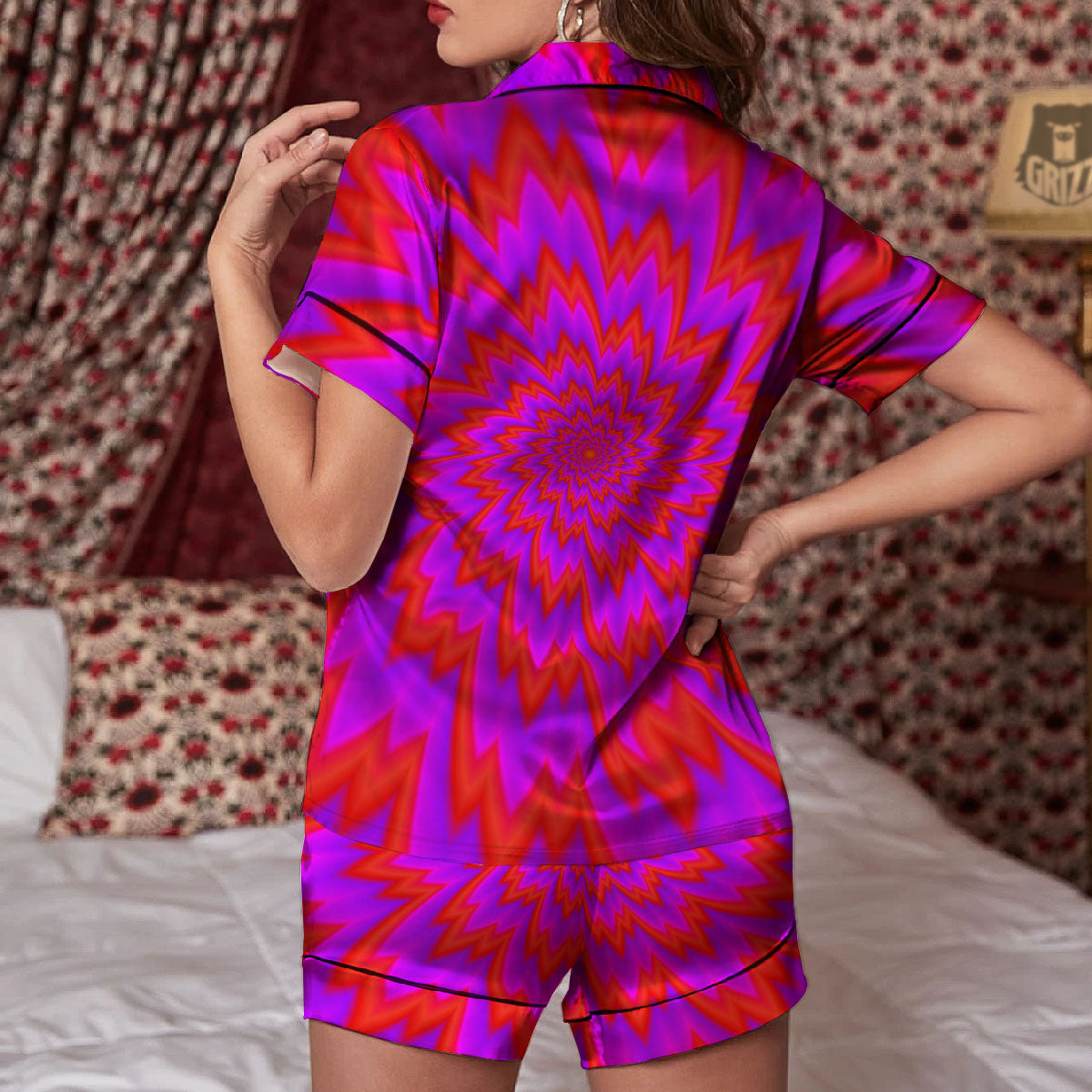 Optical Illusion Spiky Psychedelic Women Silk Pajamas-grizzshop