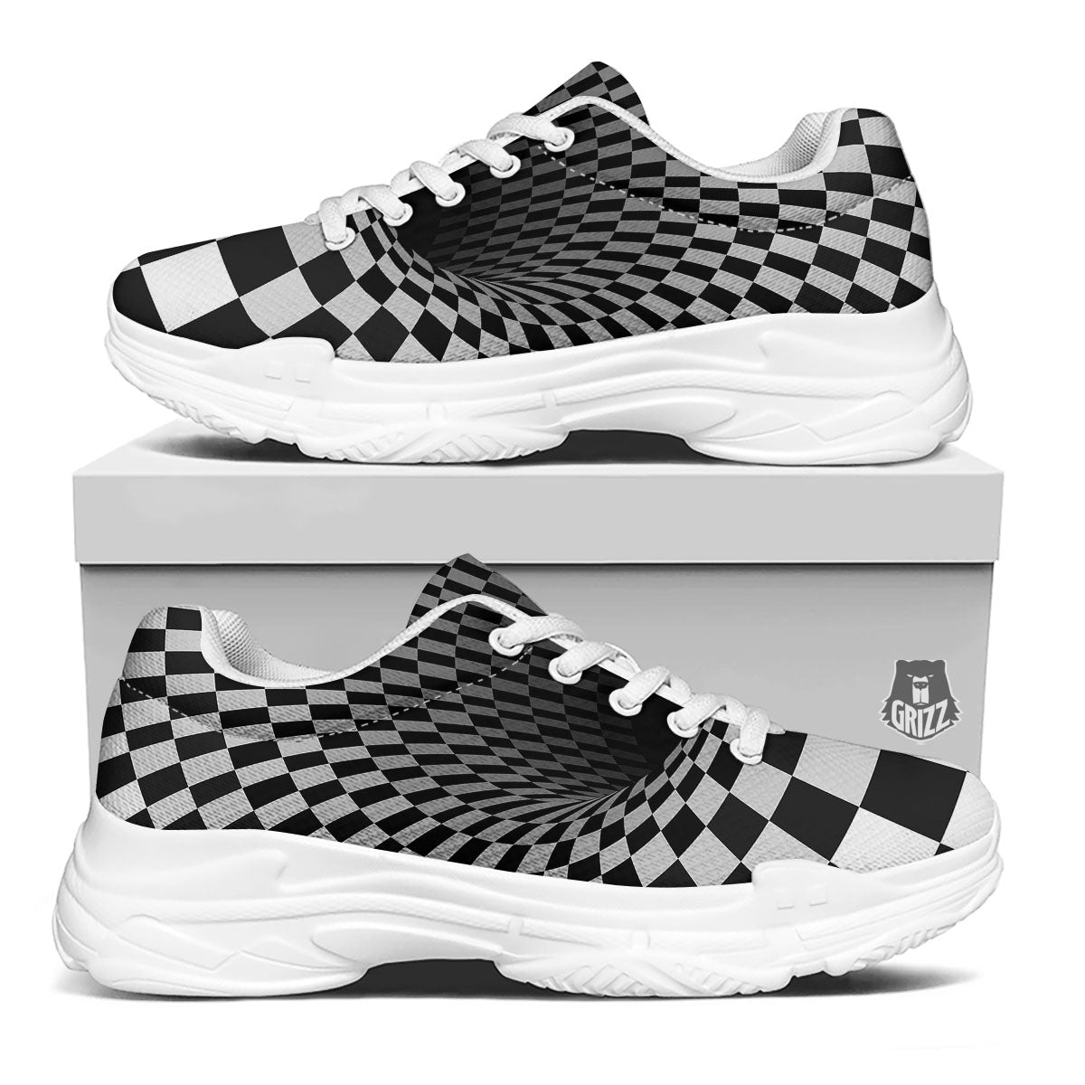 Optical Illusion White And Black Print White Chunky Shoes-grizzshop