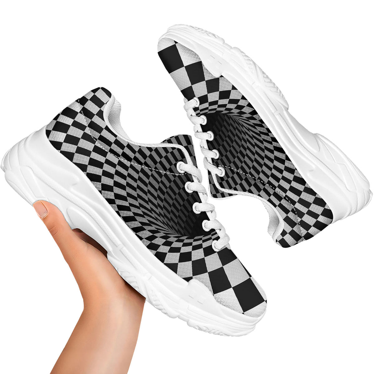 Optical Illusion White And Black Print White Chunky Shoes-grizzshop
