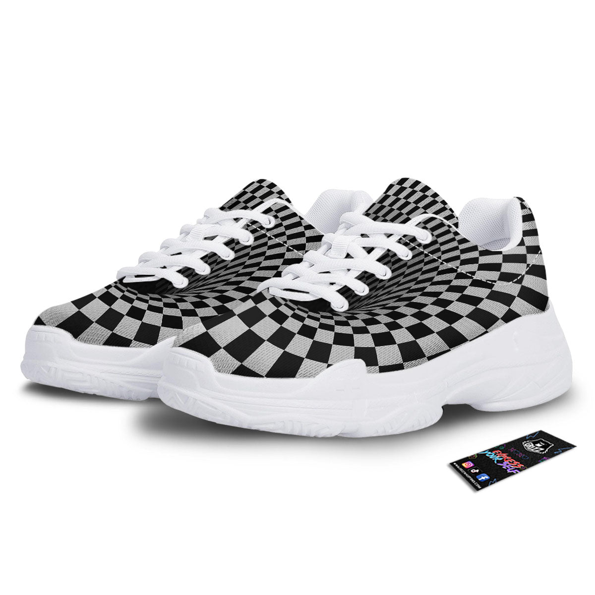 Optical Illusion White And Black Print White Chunky Shoes-grizzshop