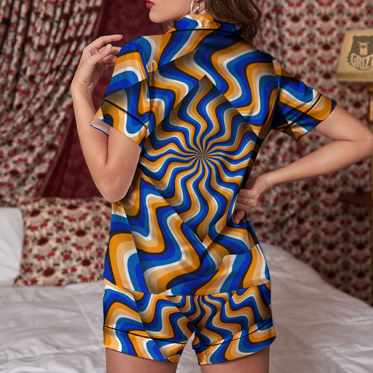 Optical illusion Hypnotic Blue Orange Women Silk Pajamas-grizzshop