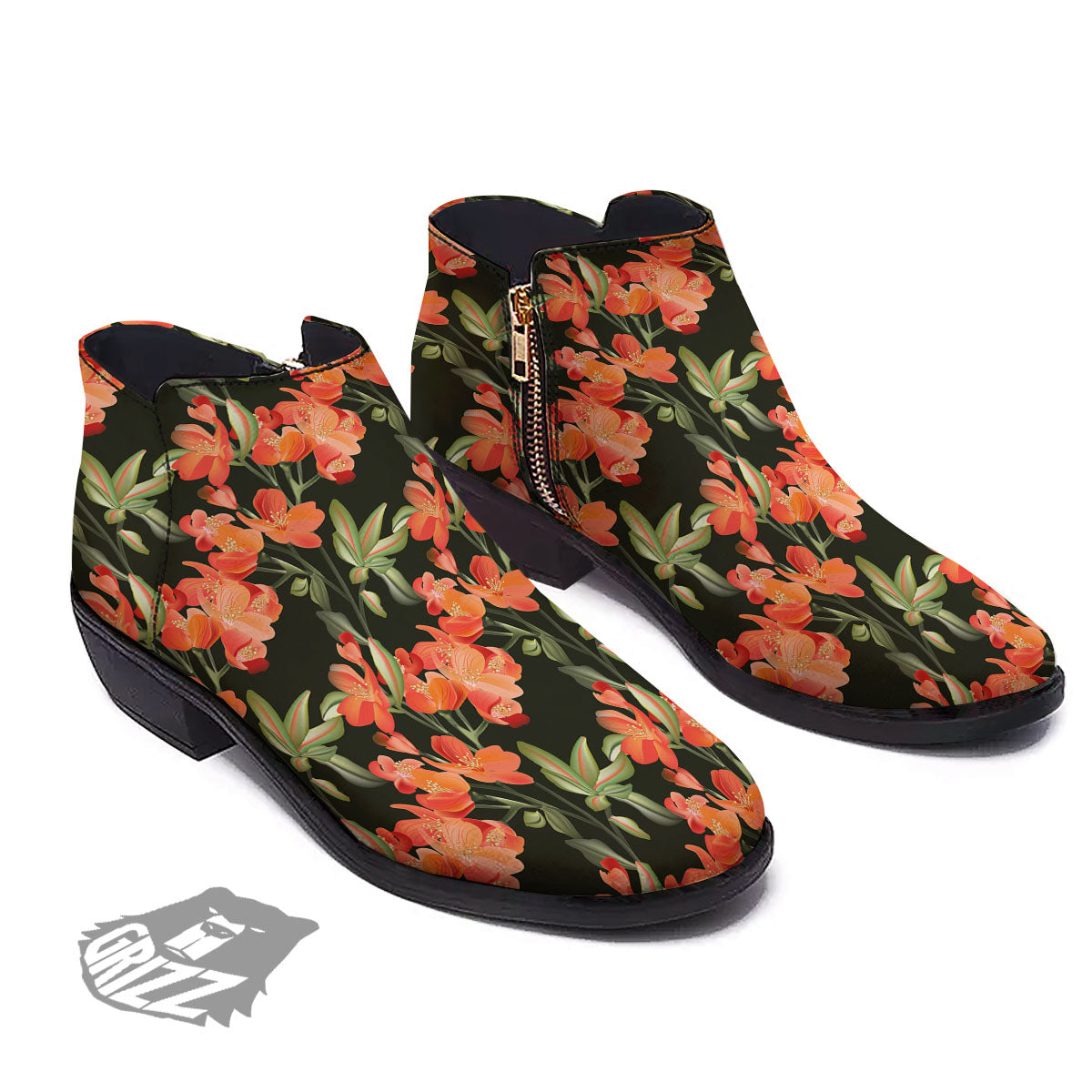 Orange Alstroemeria Print Pattern Ankle Boots-grizzshop