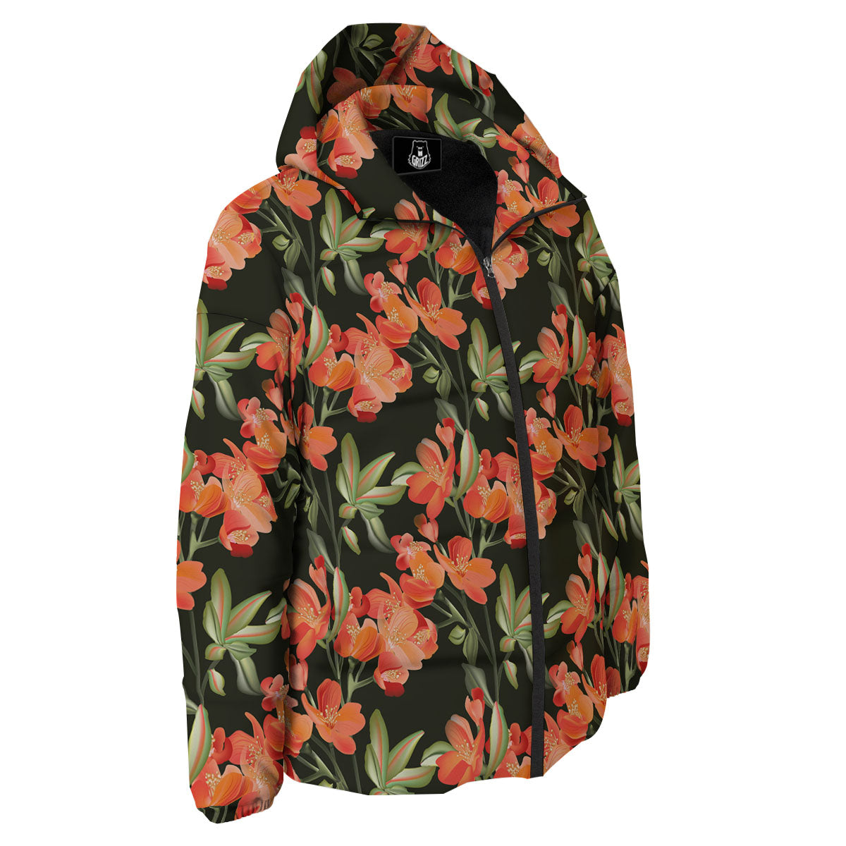 Orange Alstroemeria Print Pattern Down Jacket-grizzshop