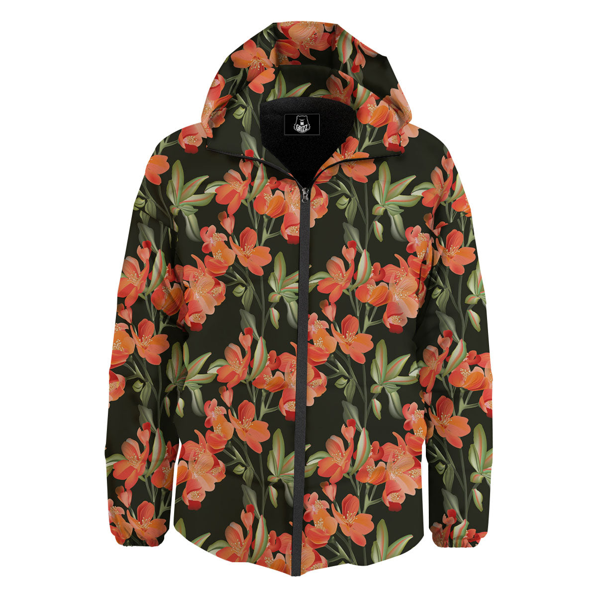 Orange Alstroemeria Print Pattern Down Jacket-grizzshop