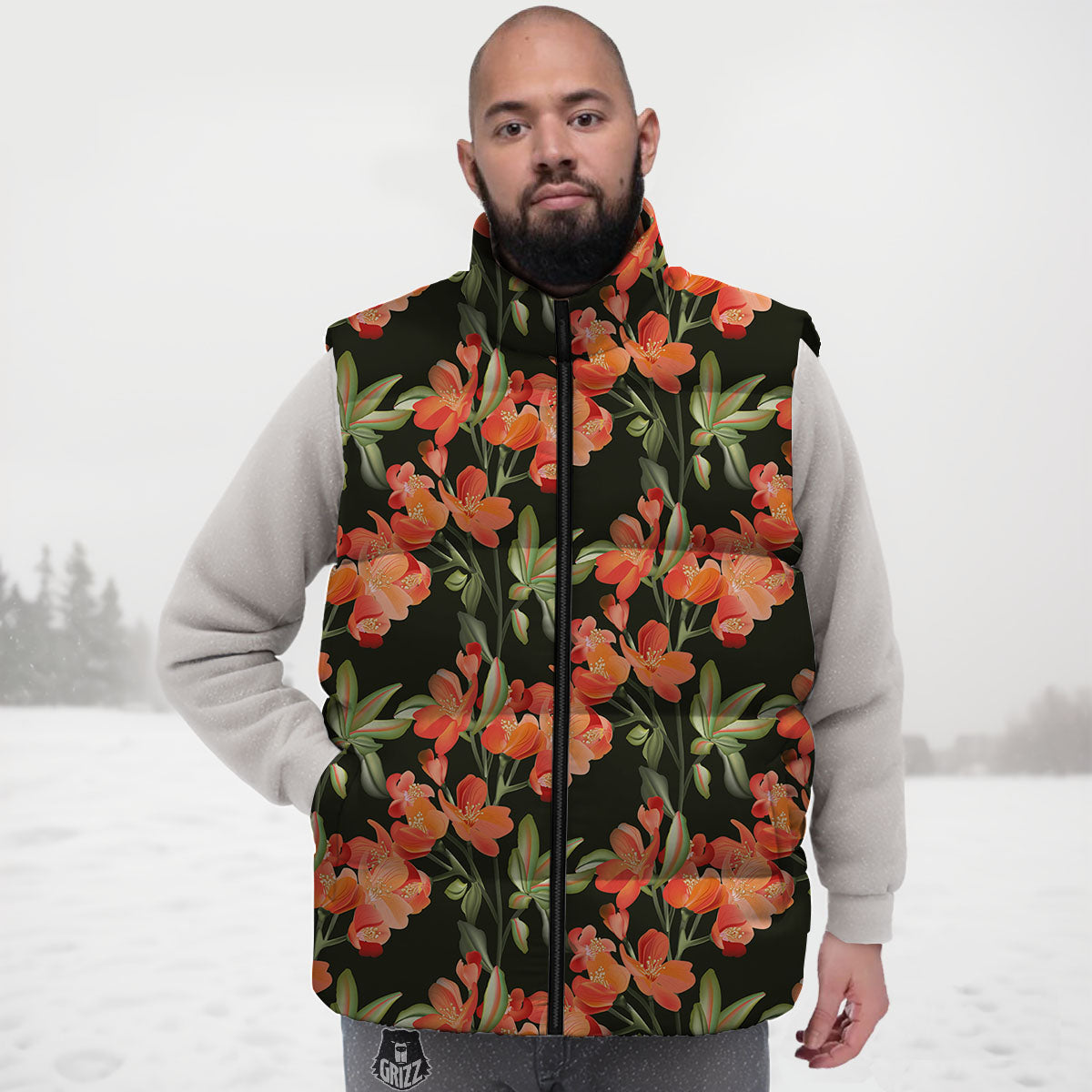 Orange Alstroemeria Print Pattern Down Vest