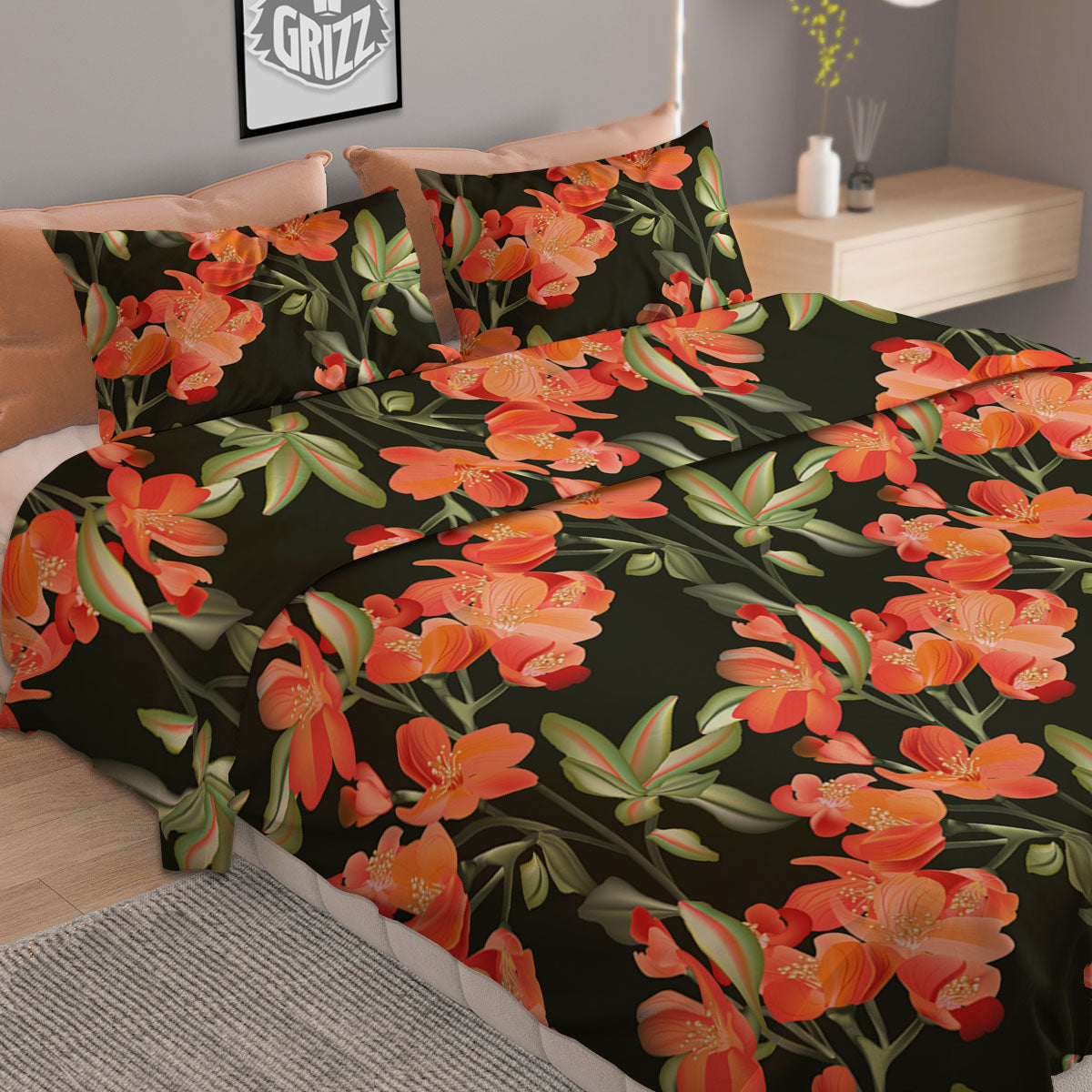 Orange Alstroemeria Print Pattern Duvet Cover Bedding Set