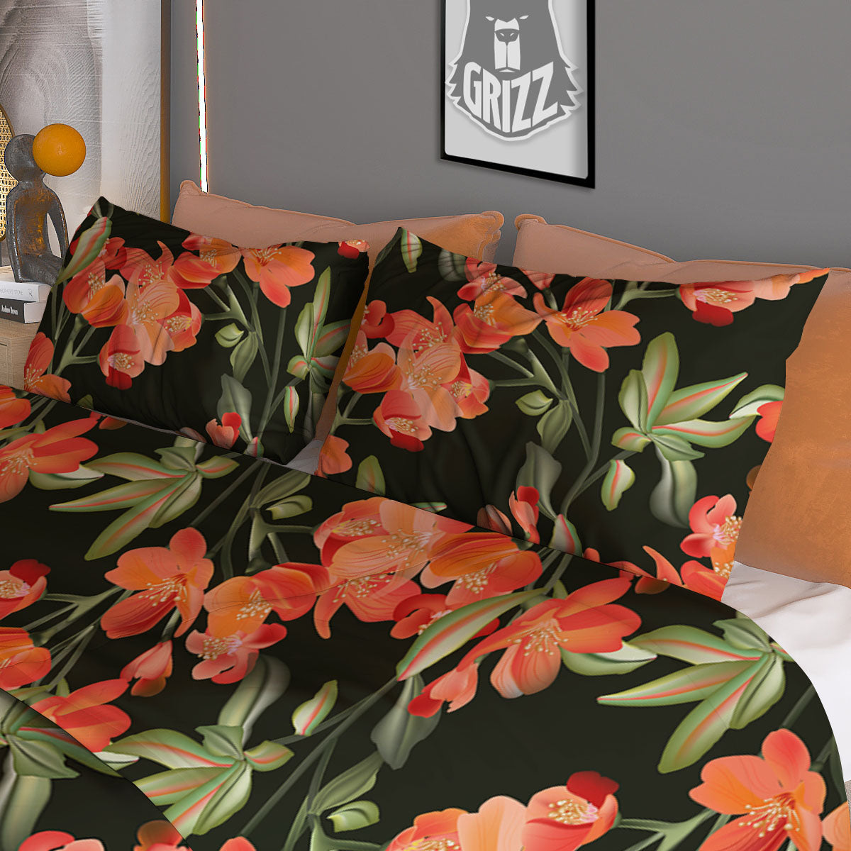 Orange Alstroemeria Print Pattern Duvet Cover Bedding Set