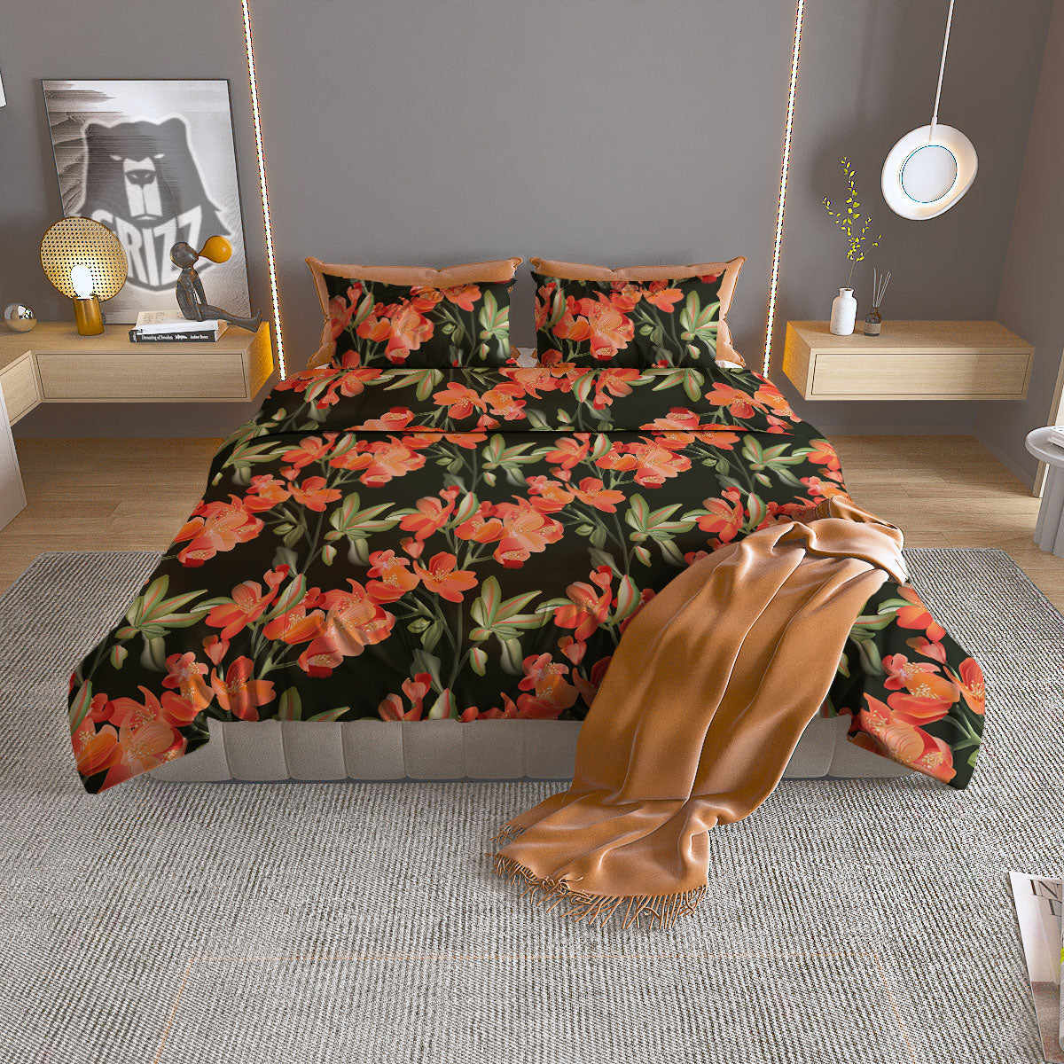 Orange Alstroemeria Print Pattern Duvet Cover Bedding Set