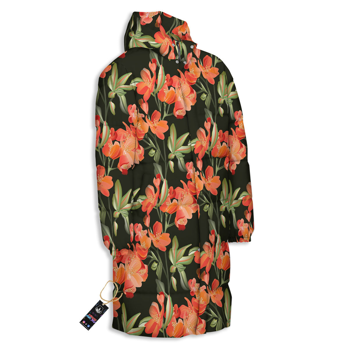 Orange Alstroemeria Print Pattern Long Down Jacket-grizzshop