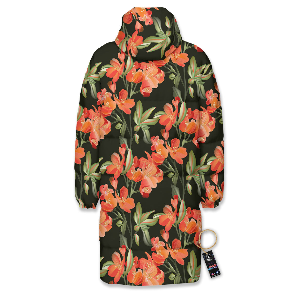 Orange Alstroemeria Print Pattern Long Down Jacket-grizzshop