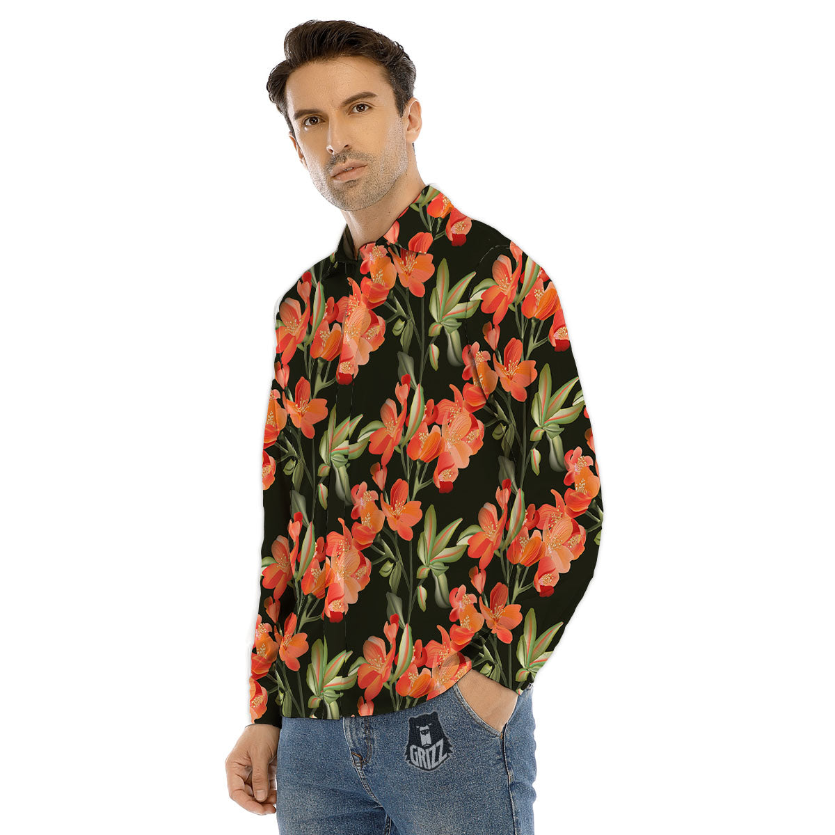 Orange Alstroemeria Print Pattern Men's Dress Shirts-grizzshop
