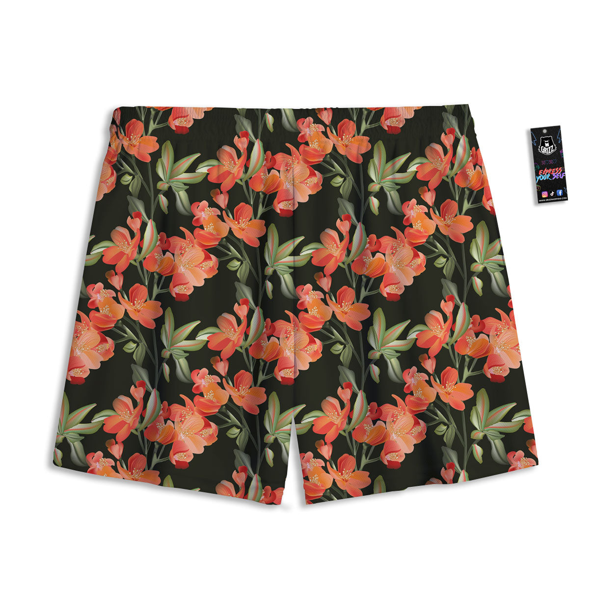 Orange Alstroemeria Print Pattern Mesh Shorts