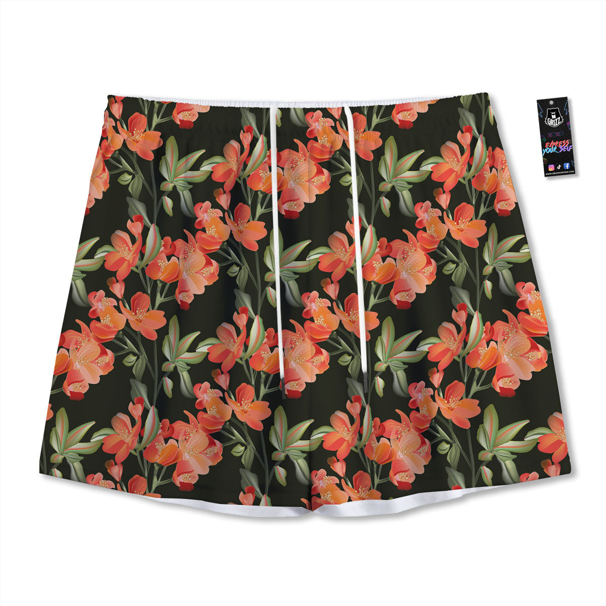 Orange Alstroemeria Print Pattern Mesh Shorts