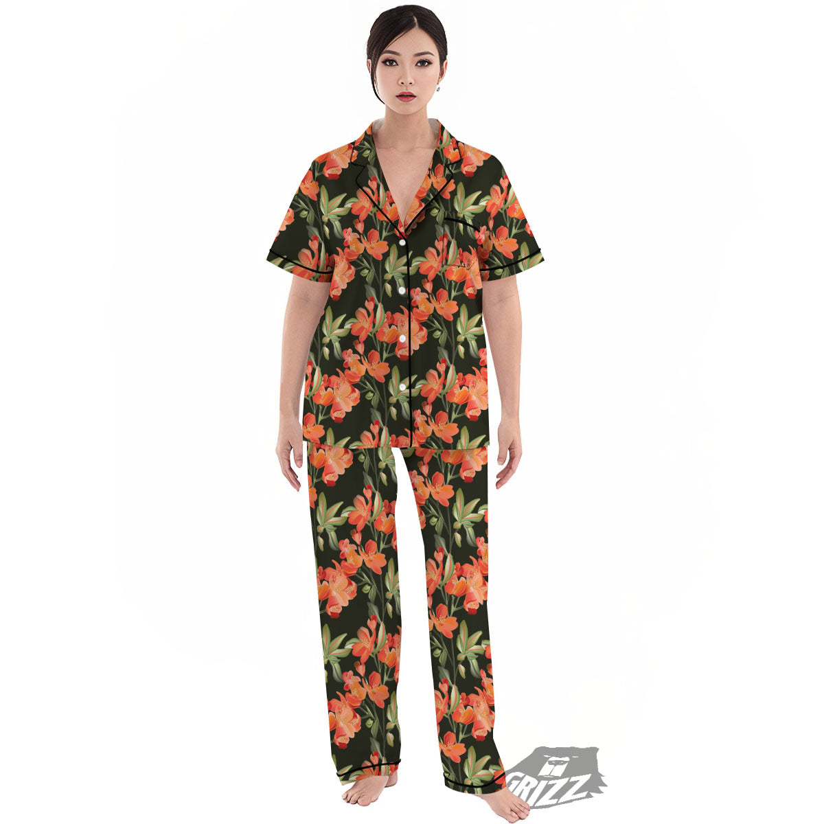 Orange Alstroemeria Print Pattern Women's Pajamas Set-grizzshop