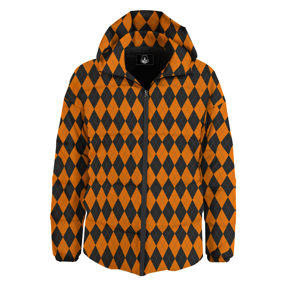Orange And Black Argyle Print Down Jacket-grizzshop