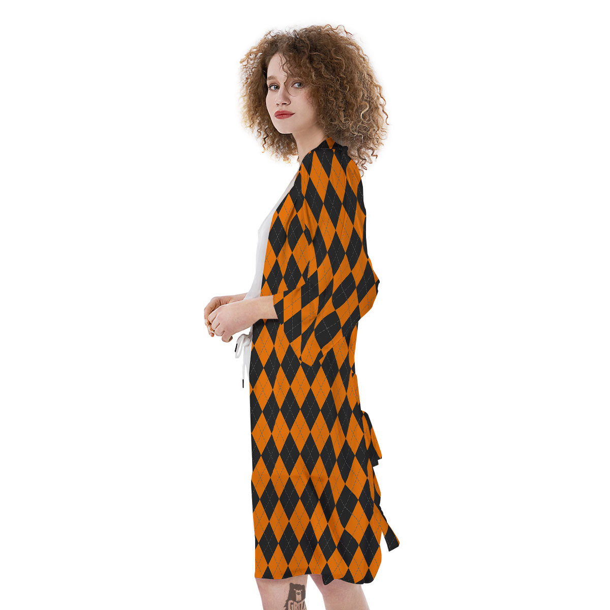 Orange And Black Argyle Print Kimono-grizzshop