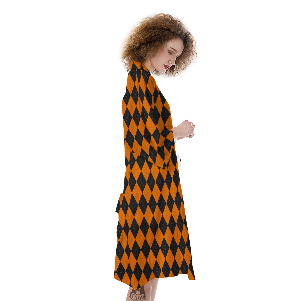 Orange And Black Argyle Print Kimono-grizzshop