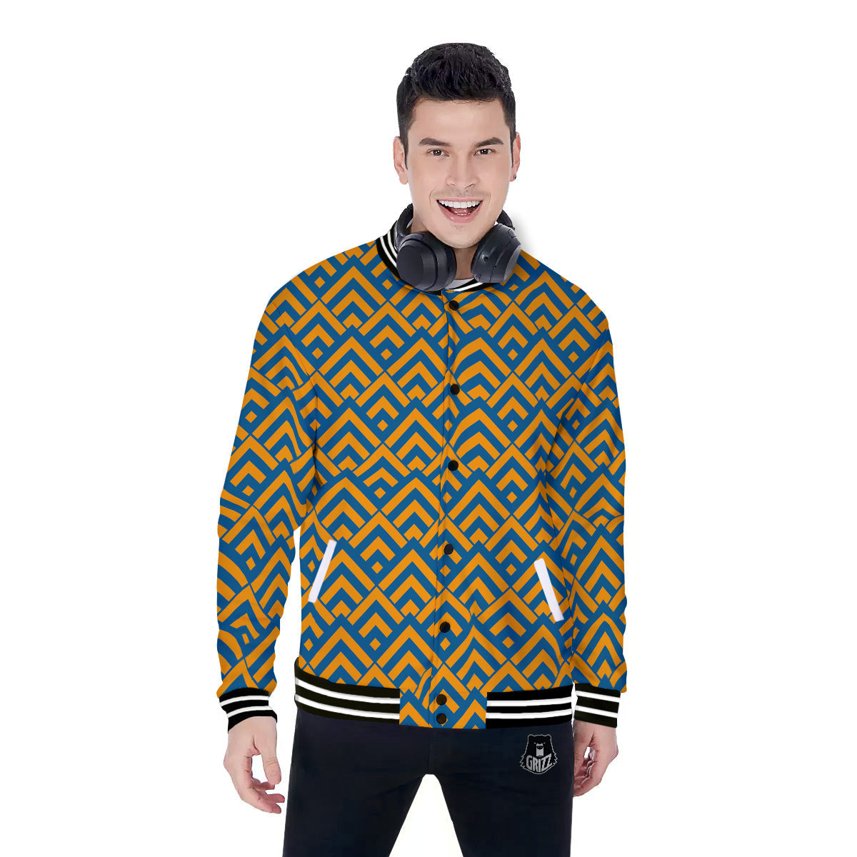 Orange And Blue Chevrons Print Pattern Baseball Jacket-grizzshop