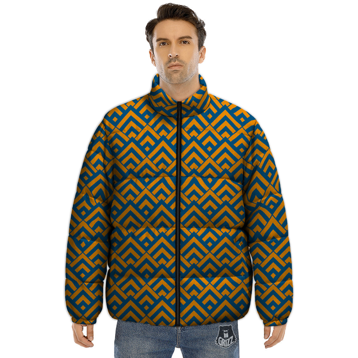 Orange And Blue Chevrons Print Pattern Puffer Jacket-grizzshop