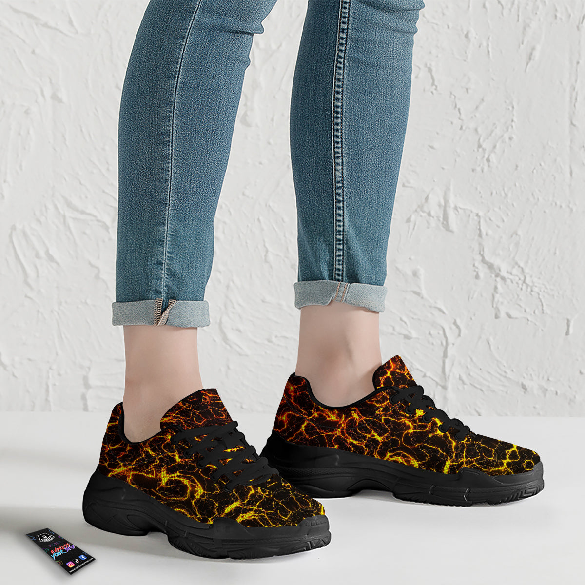 Orange And Gold Lightning Print Black Chunky Shoes-grizzshop
