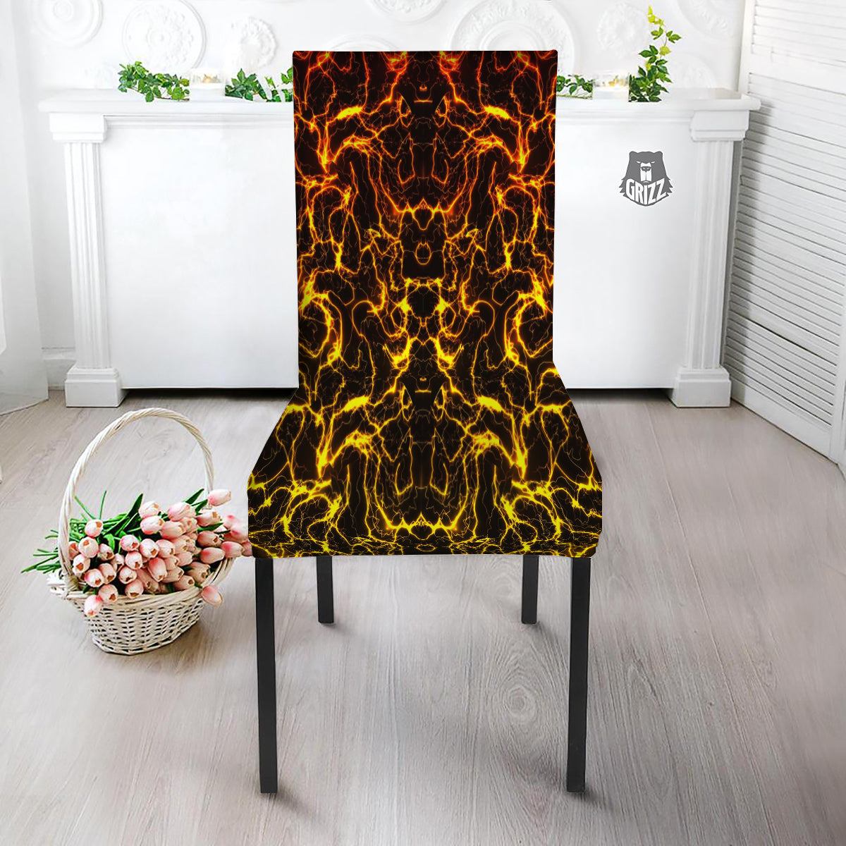 Orange And Gold Lightning Print Dining Chair Slipcover-grizzshop