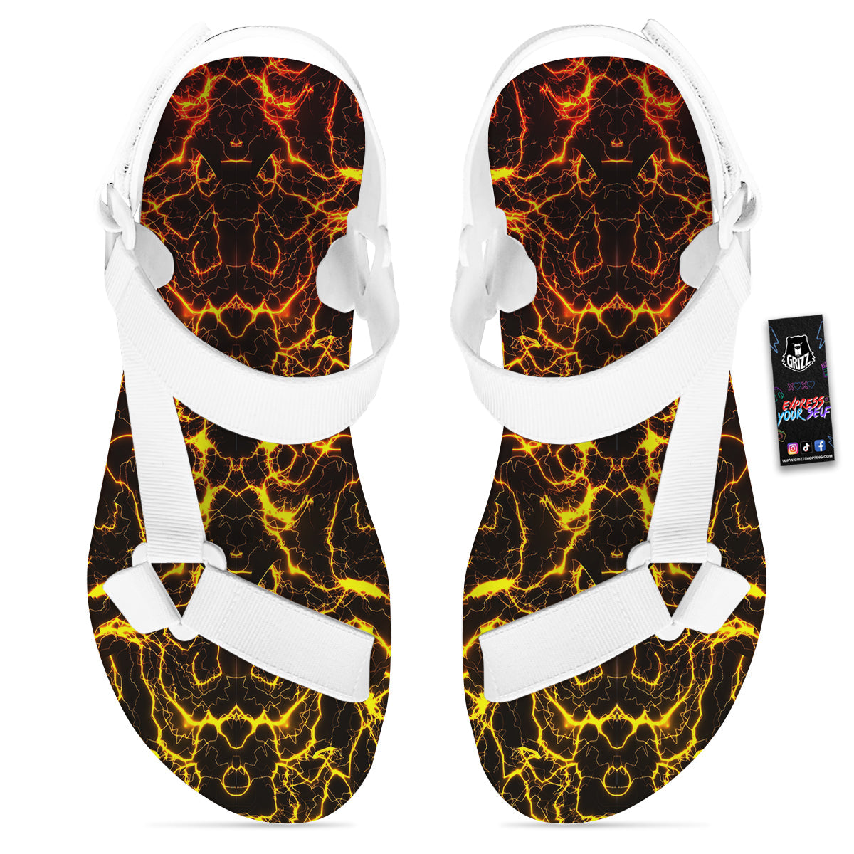 Orange And Gold Lightning Print White Open Toe Sandals-grizzshop