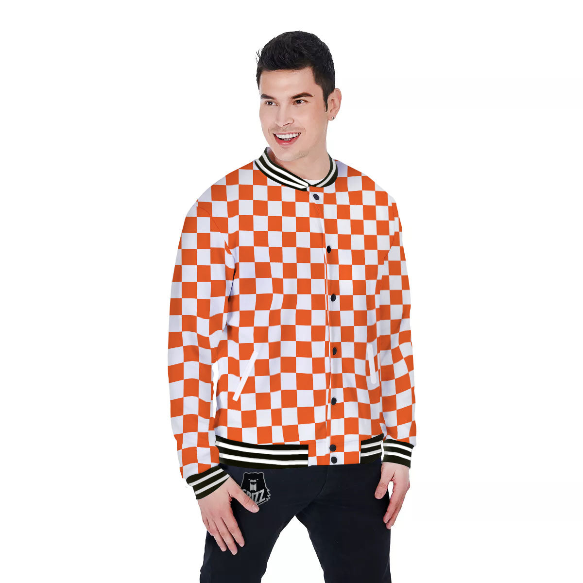 Orange And White Checkered Print Pattern Baseball Jacket-grizzshop