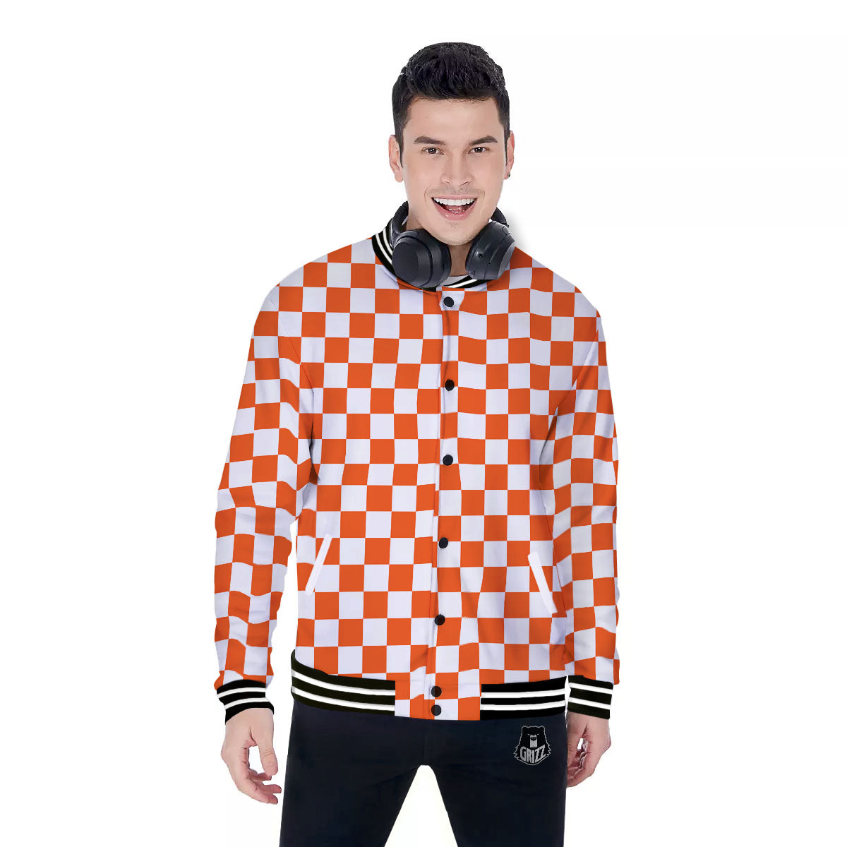 Orange And White Checkered Print Pattern Baseball Jacket-grizzshop