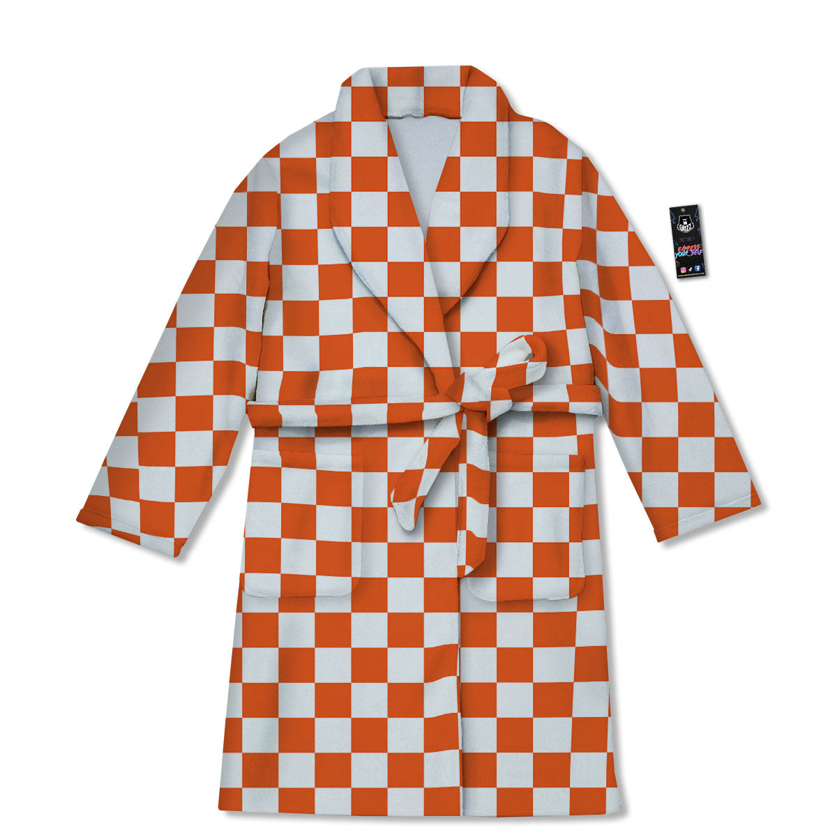 Orange And White Checkered Print Pattern Bathrobe-grizzshop