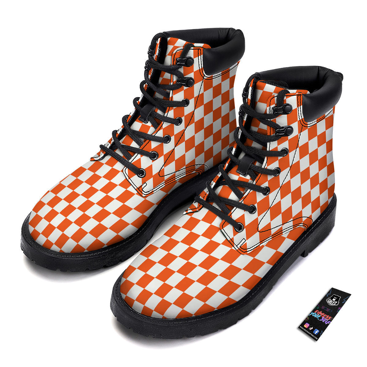 Orange And White Checkered Print Pattern Boots-grizzshop