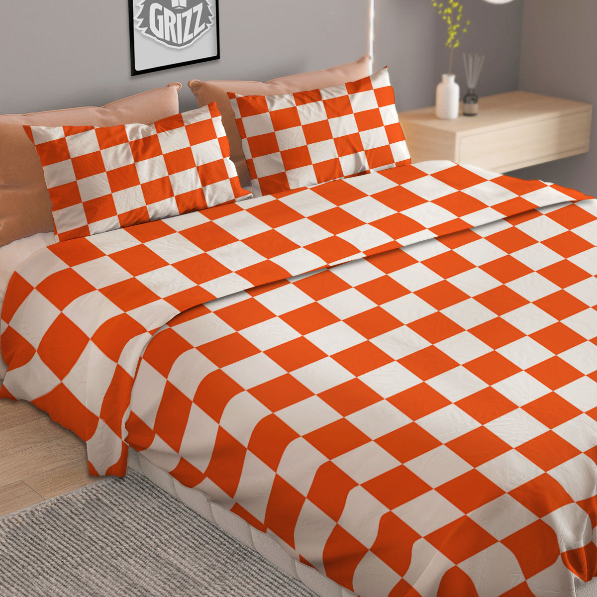 Orange And White Checkered Print Pattern Duvet Cover Bedding Set
