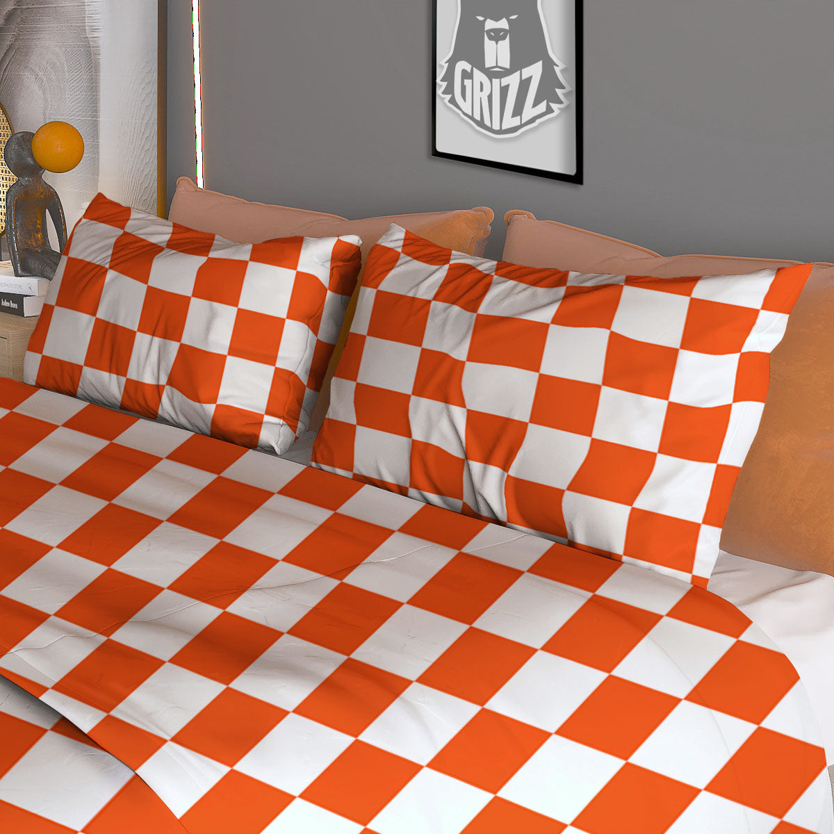 Orange And White Checkered Print Pattern Duvet Cover Bedding Set