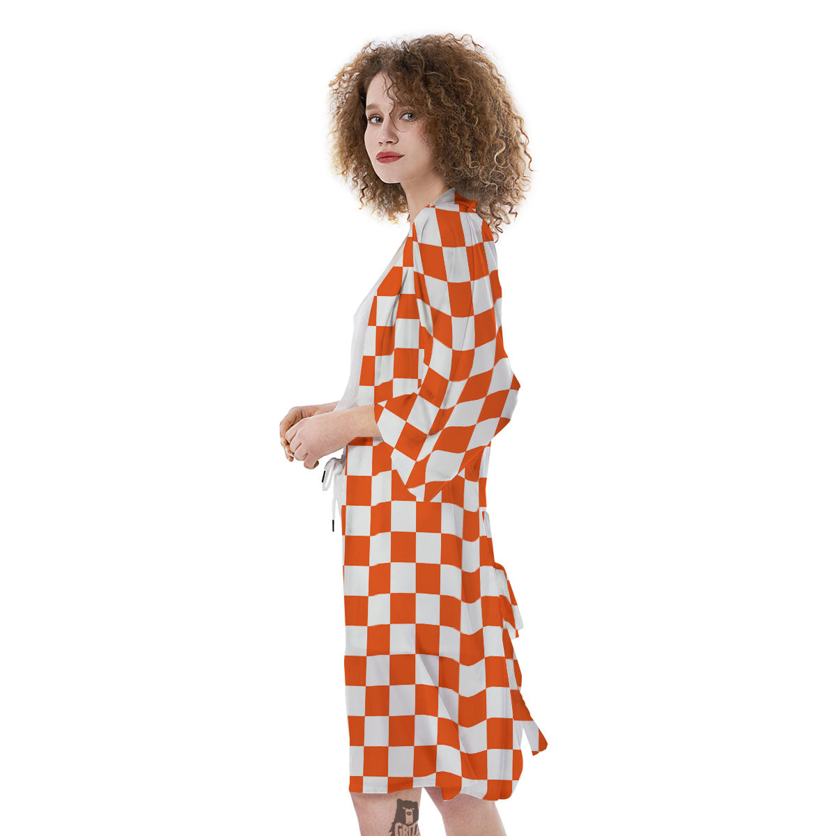 Orange And White Checkered Print Pattern Kimono-grizzshop