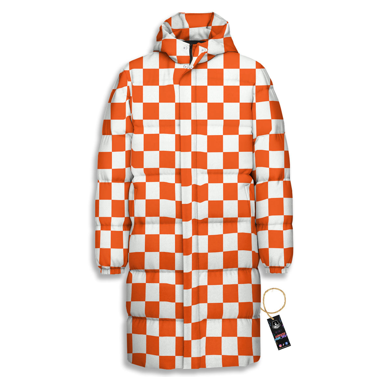 Orange And White Checkered Print Pattern Long Down Jacket-grizzshop