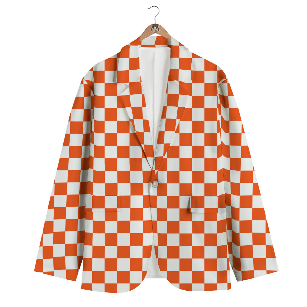 Orange And White Checkered Print Pattern Men's Blazer-grizzshop