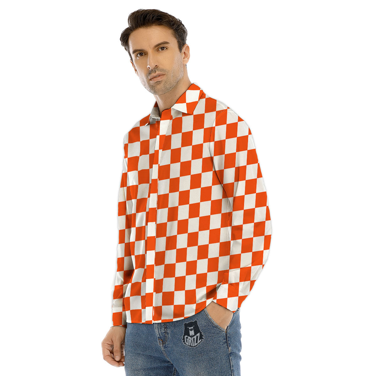 Orange And White Checkered Print Pattern Men's Dress Shirts-grizzshop