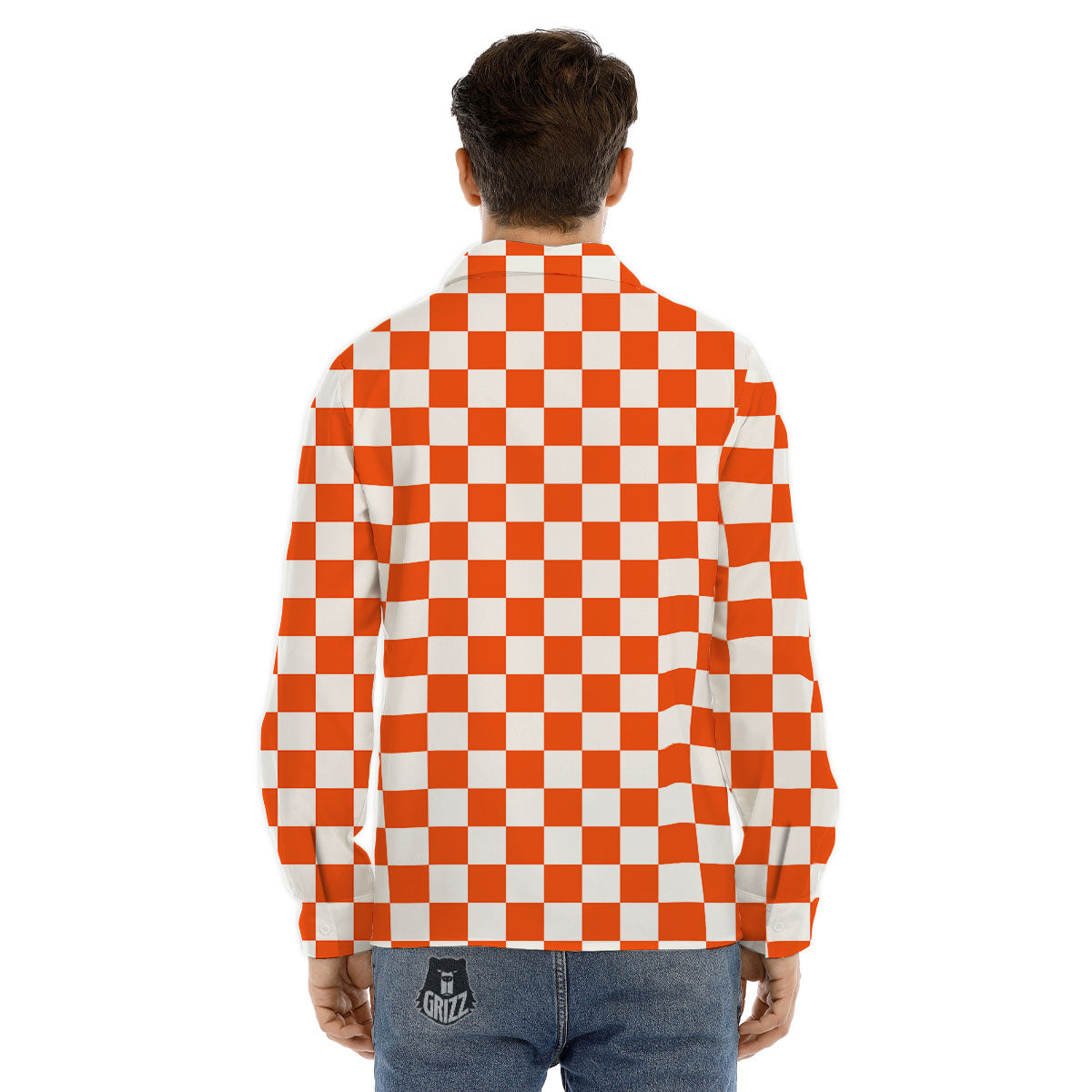 Orange And White Checkered Print Pattern Men's Dress Shirts-grizzshop