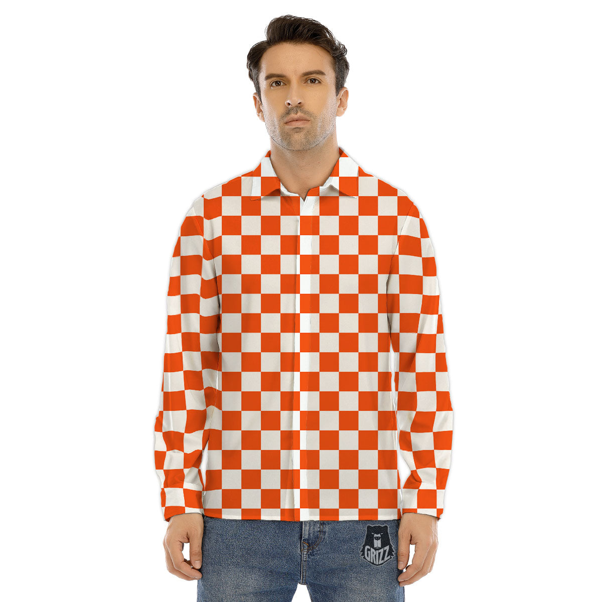 Orange And White Checkered Print Pattern Men's Dress Shirts-grizzshop