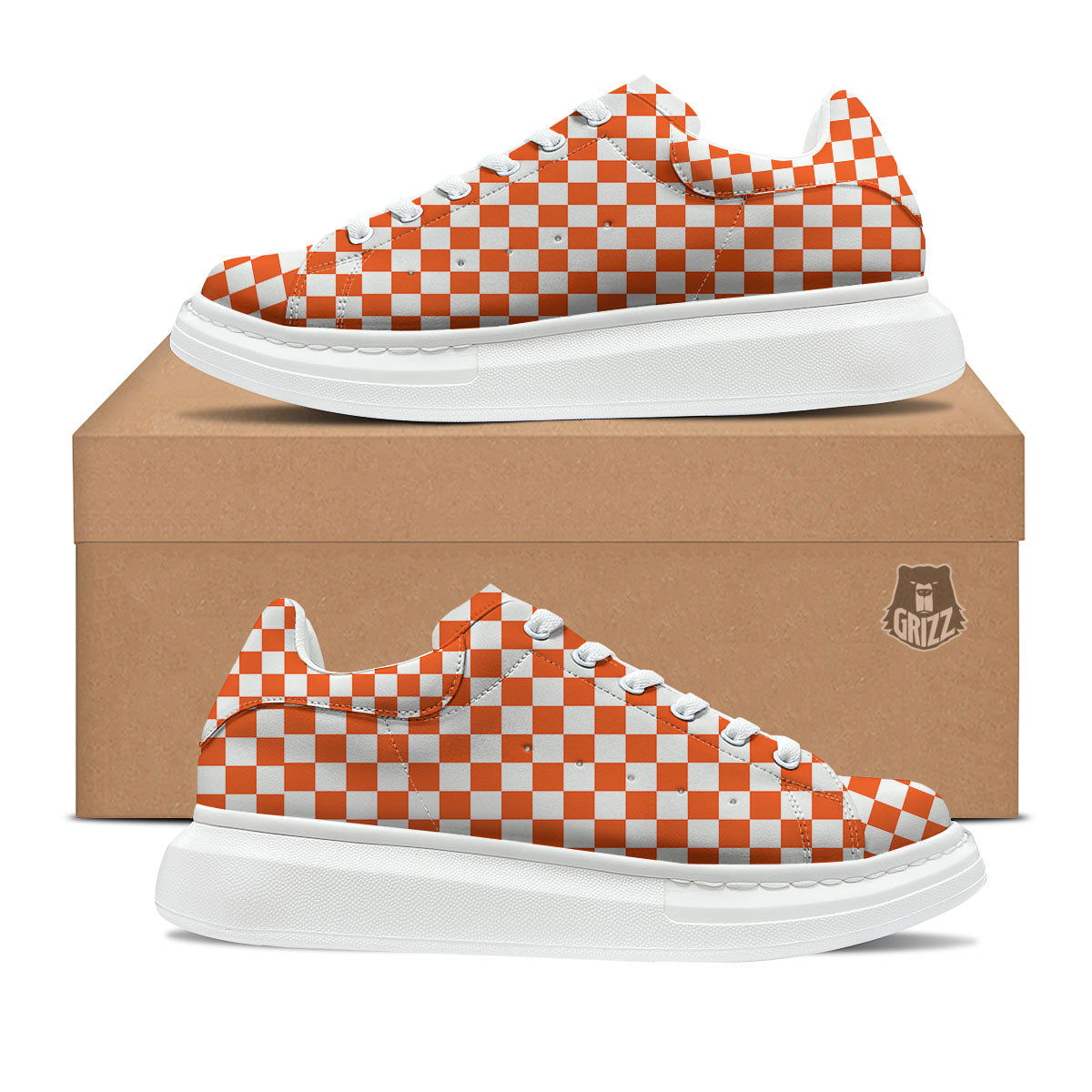 Orange And White Checkered Print Pattern Platform Shoes-grizzshop