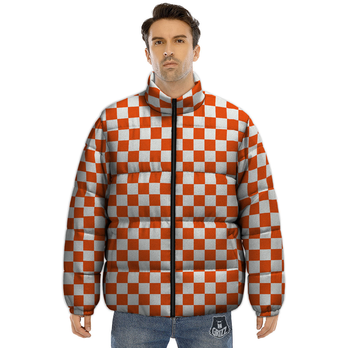 Orange And White Checkered Print Pattern Puffer Jacket-grizzshop