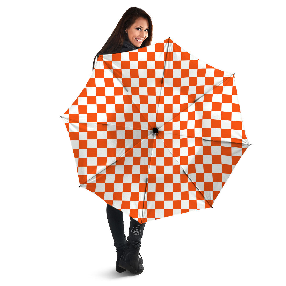 Orange And White Checkered Print Pattern Umbrella-grizzshop