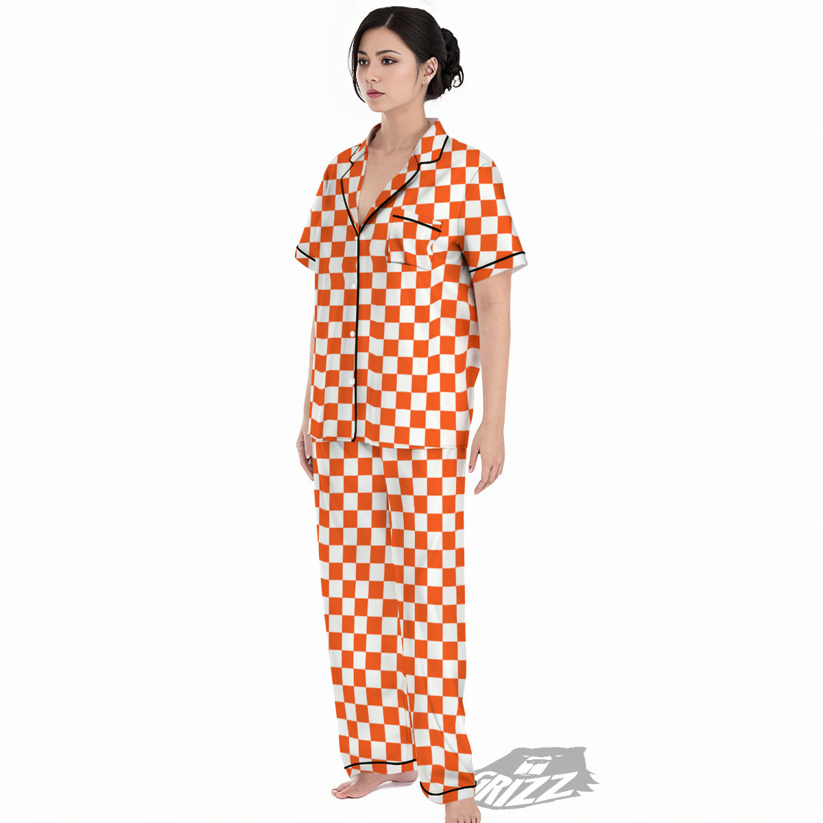 Orange And White Checkered Print Pattern Women's Pajamas Set-grizzshop