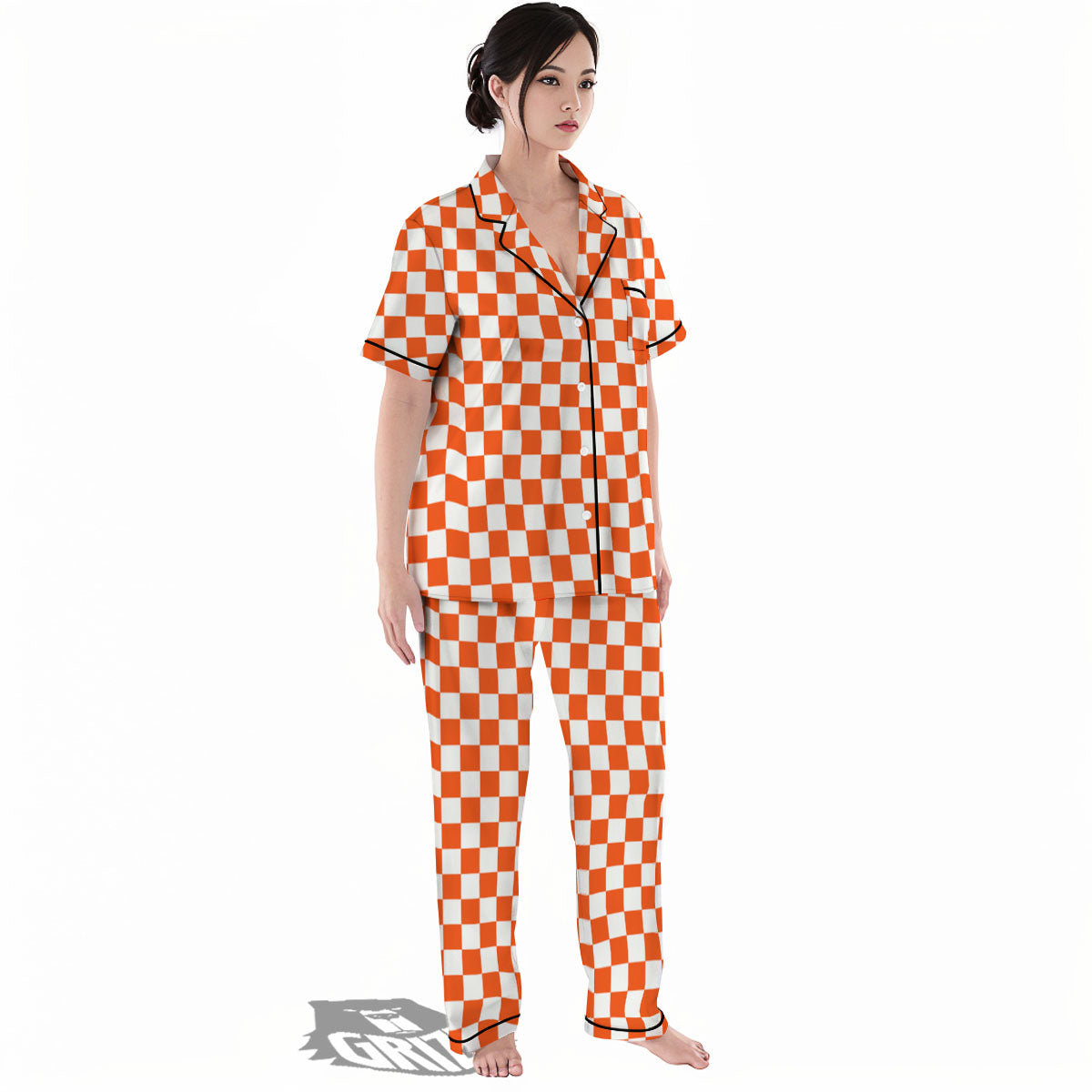 Orange And White Checkered Print Pattern Women's Pajamas Set-grizzshop