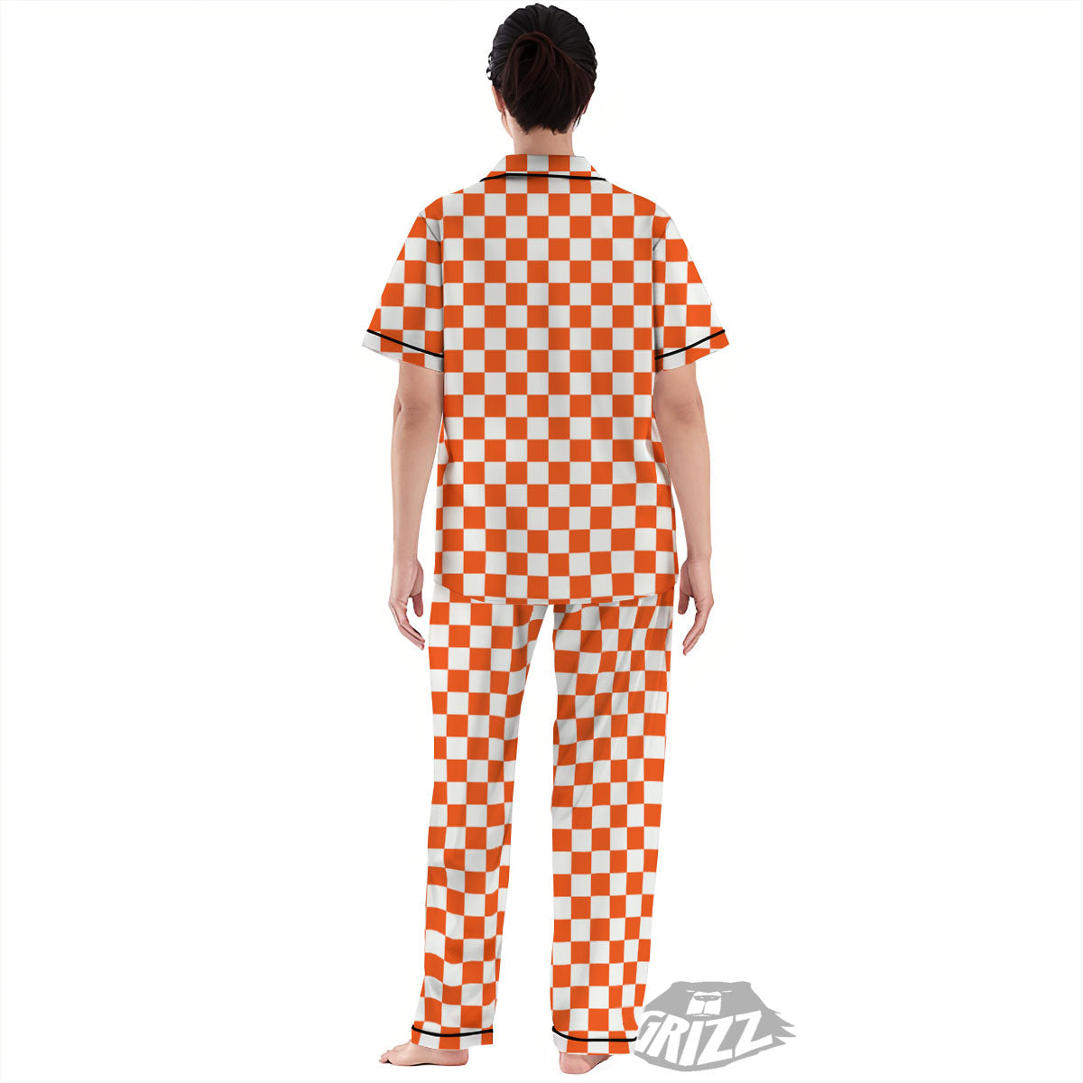 Orange And White Checkered Print Pattern Women's Pajamas Set-grizzshop