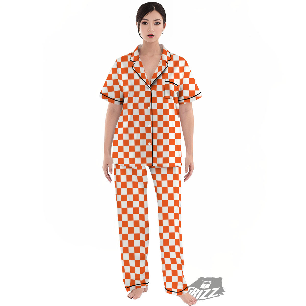 Orange And White Checkered Print Pattern Women's Pajamas Set-grizzshop